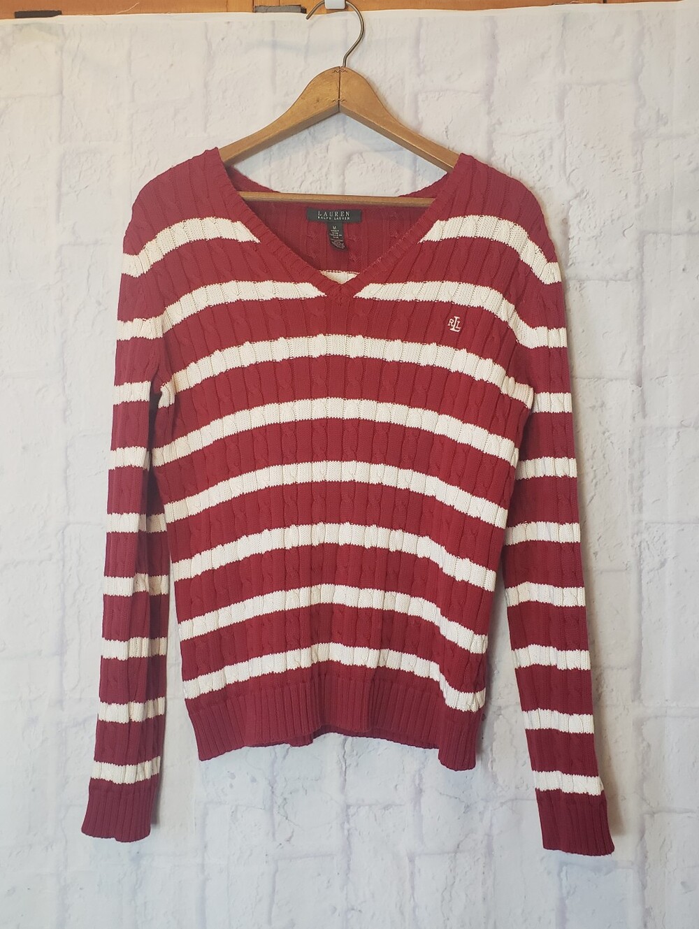 LAUREN RALPH LAUREN Striped V-neck Cableknit Sweater Red & White Medium